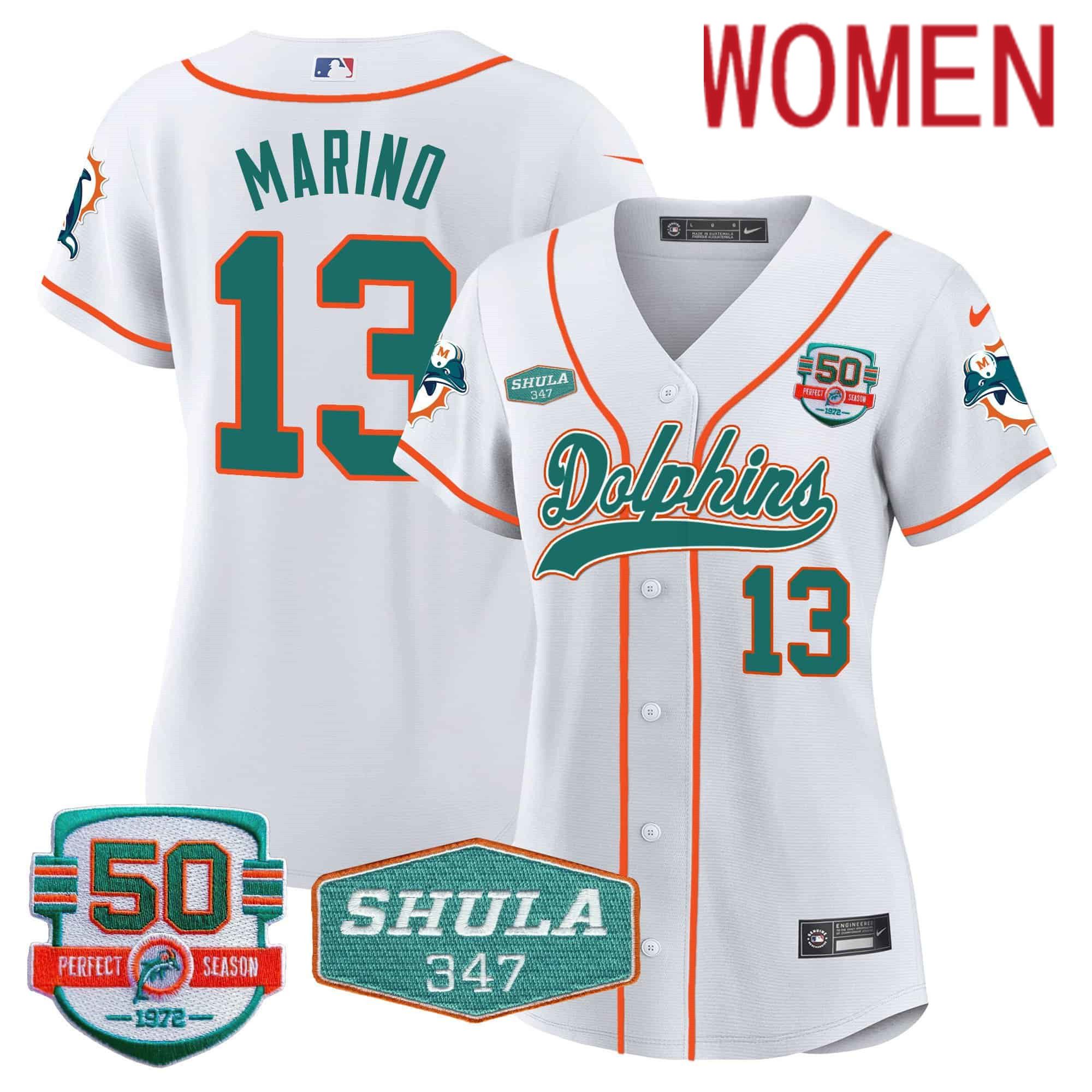 Women Miami Dolphins #13 Marino White 2024 Nike 50th Don Shula Memorial Patch Baseball NFL Jersey